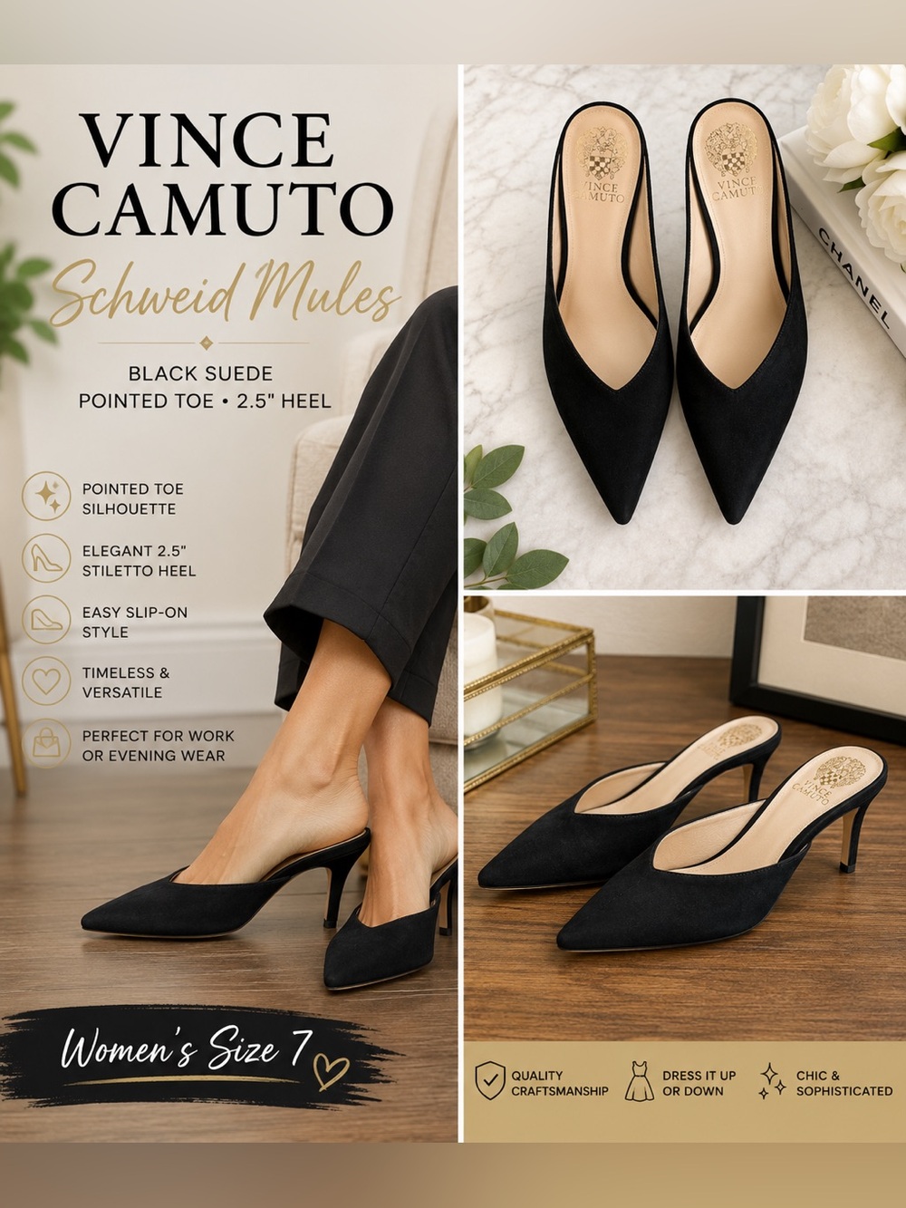 VINCE CAMUTO
Schweid Mules
Black Suede
Pointed Toe • 2.5” Heel